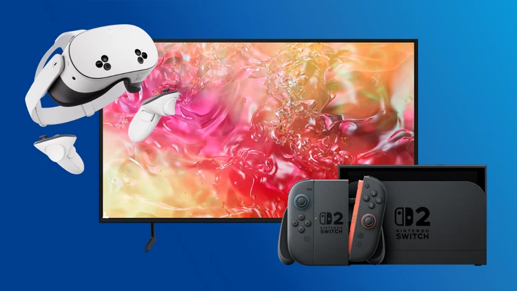abbildung einer nintendo switch zwei einem fernseher und einer meta quest 3 v r brille