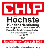 CHIP Auszeichnung „Höchste Kundenorientierung 2026“ für 1&1 als Testsieger unter 22 Telekommunikationsanbietern.