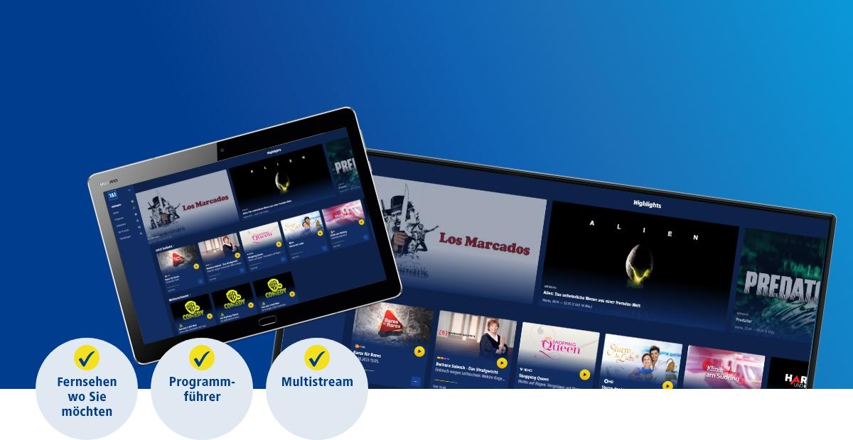 tv bildschirm und tablet auf blauem verlauf mit laufende | 1&1 tv bildschirm und tablet auf blauem verlauf mit laufende