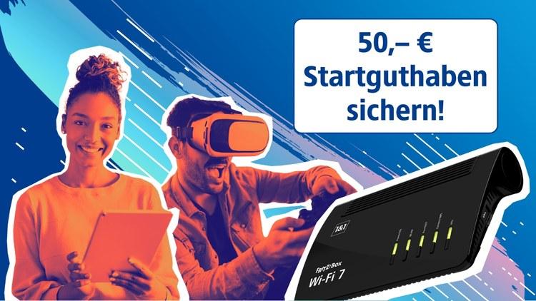 junge frau mit tablet und junger mann mit vr brille haben spass