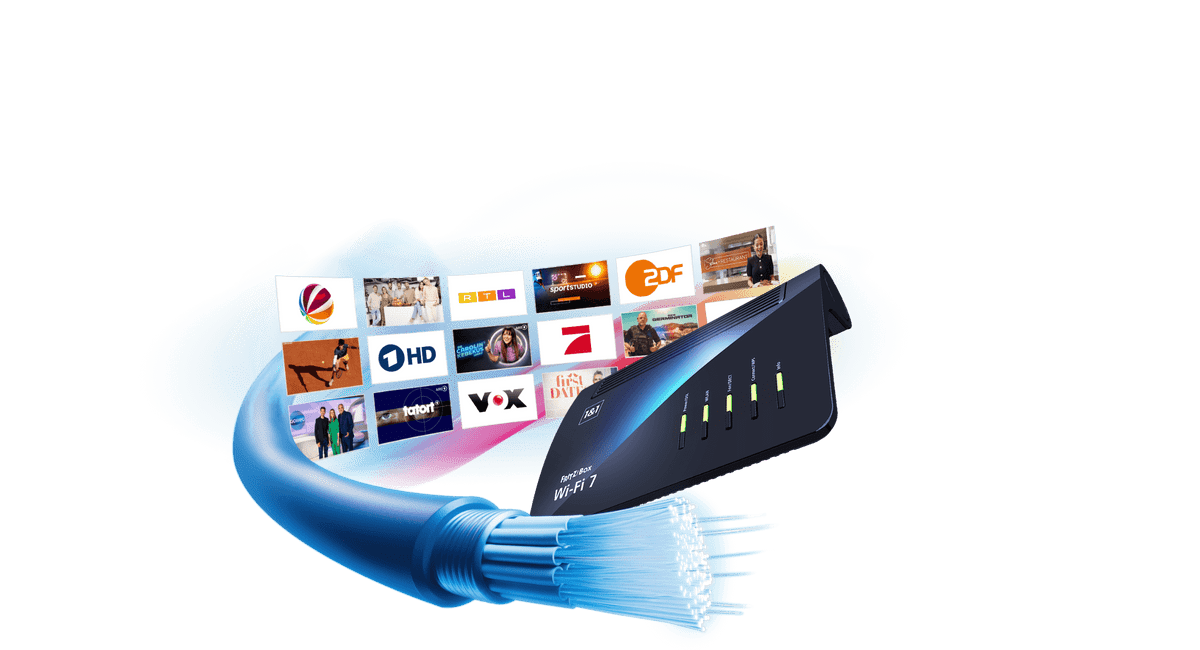 bildercollage aus diversen tv sendern und shows mit router und glasfaserkabel